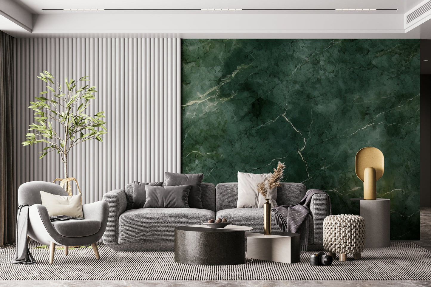 A graceful subtle pattern wall mural in rich, dark green and gold tones.