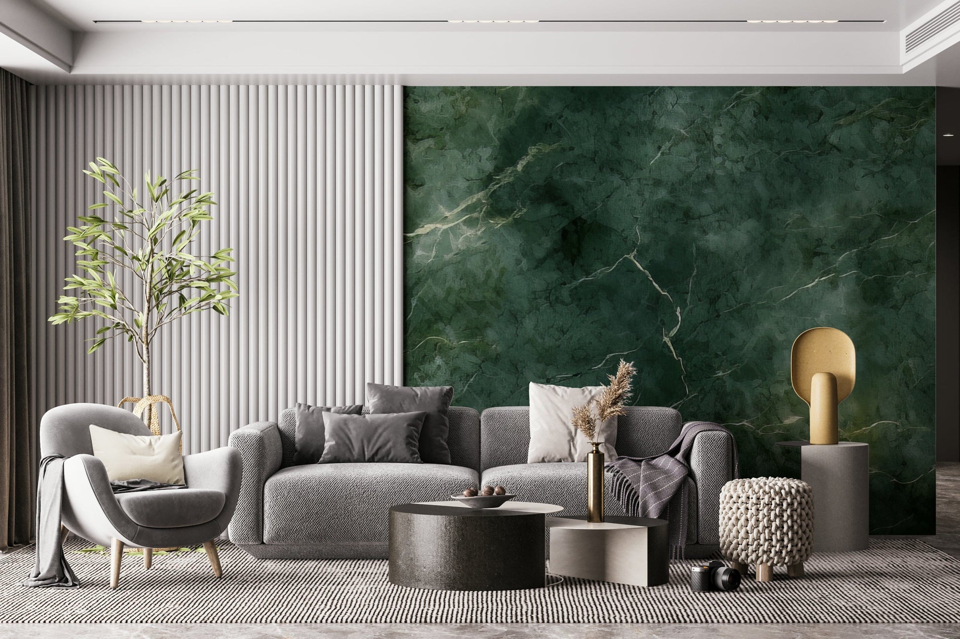 A graceful subtle pattern wall mural in rich, dark green and gold tones.