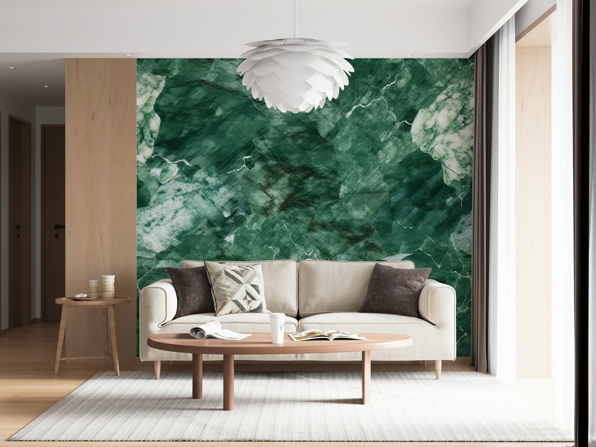 A graceful subtle pattern wall mural in rich, dark green tones.