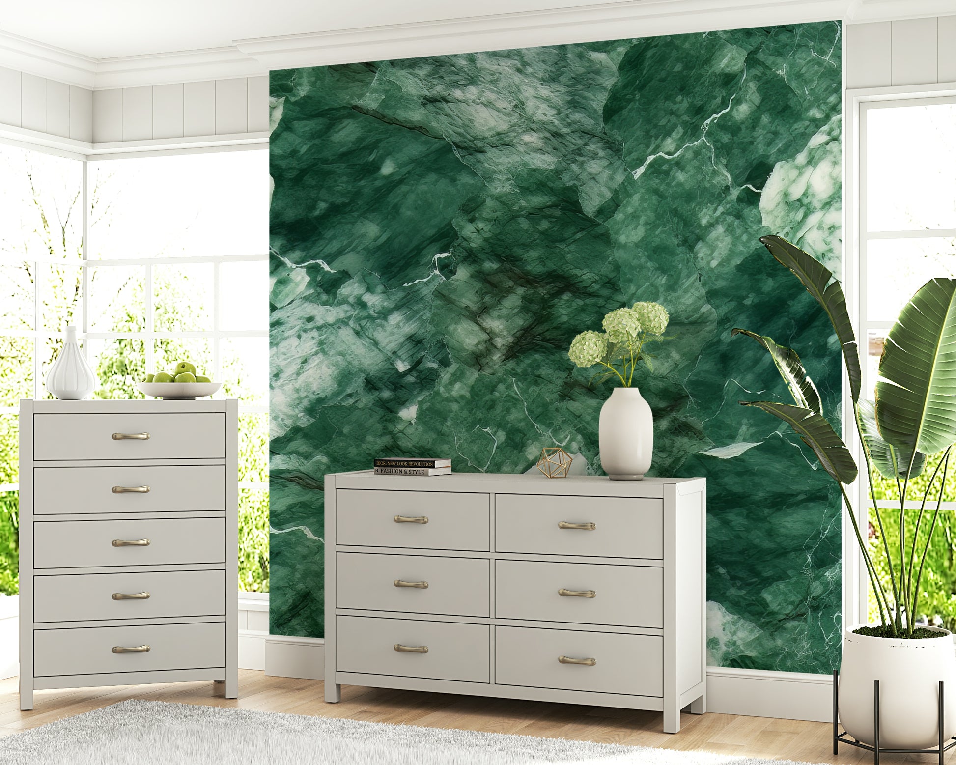 A calming abstract design wallpaper mural that defines a space.