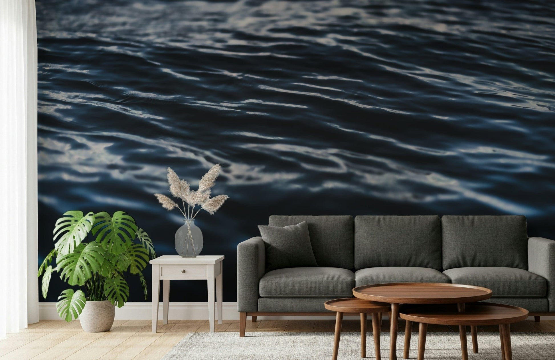 A peaceful modern abstract mural on decorative wallpaper.