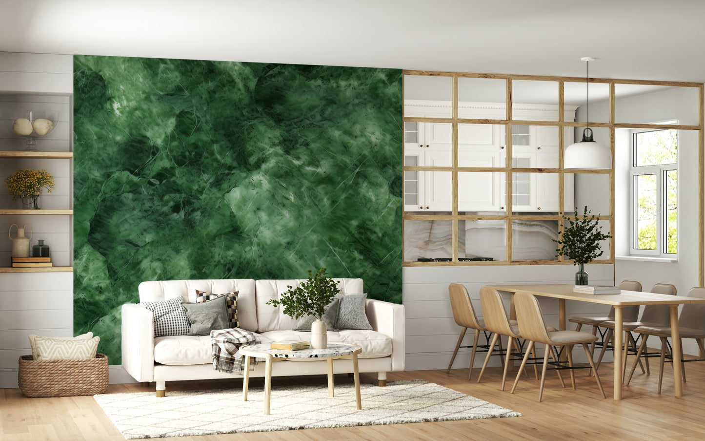 A calming abstract design wallpaper mural that defines a space.