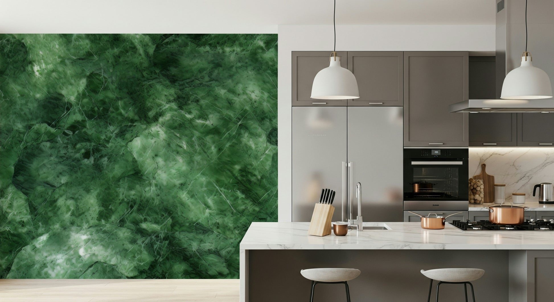 A graceful subtle pattern wall mural in rich, dark green tones.