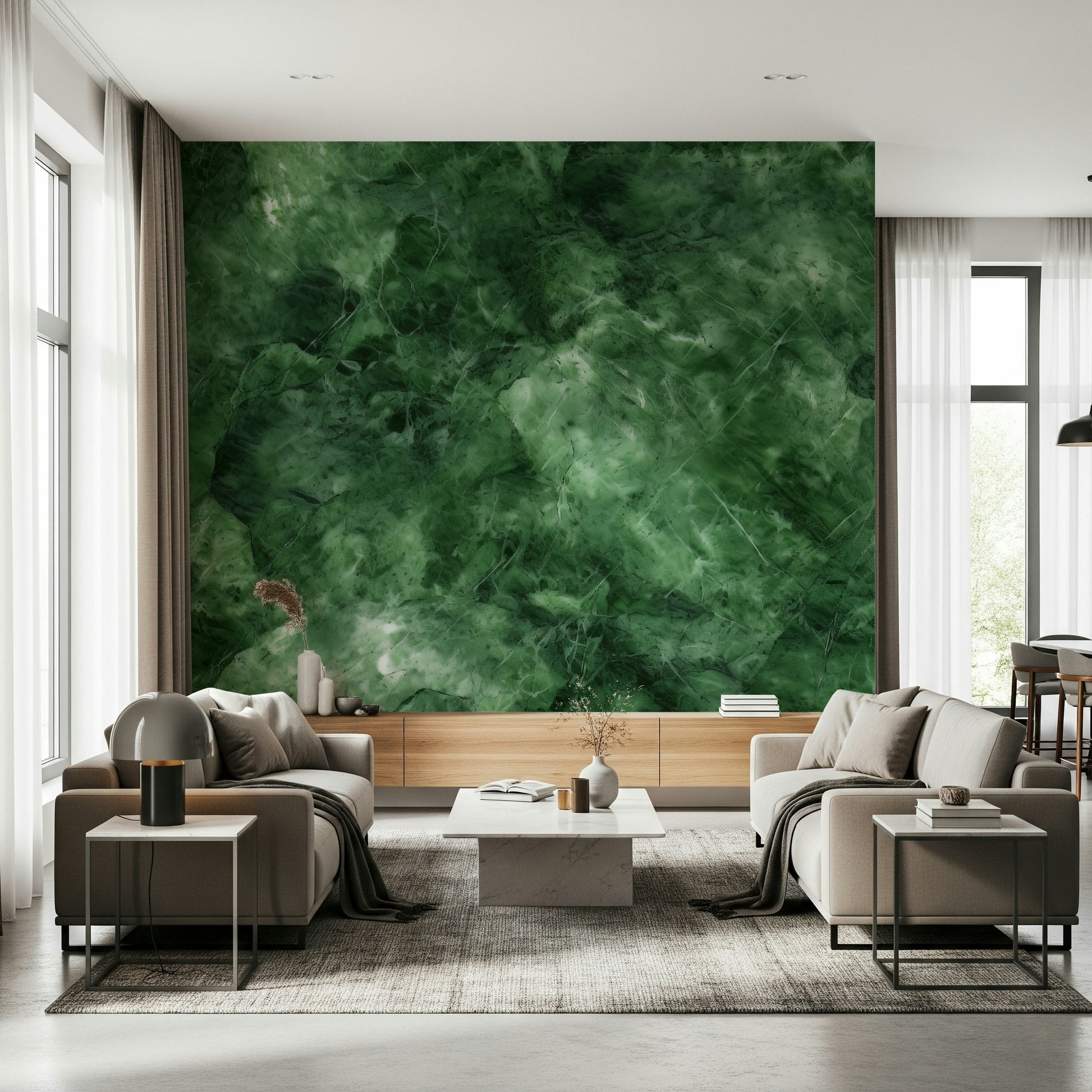 A beautiful subtle emerald vein wallpaper mural with flowing lines and rich green color.
