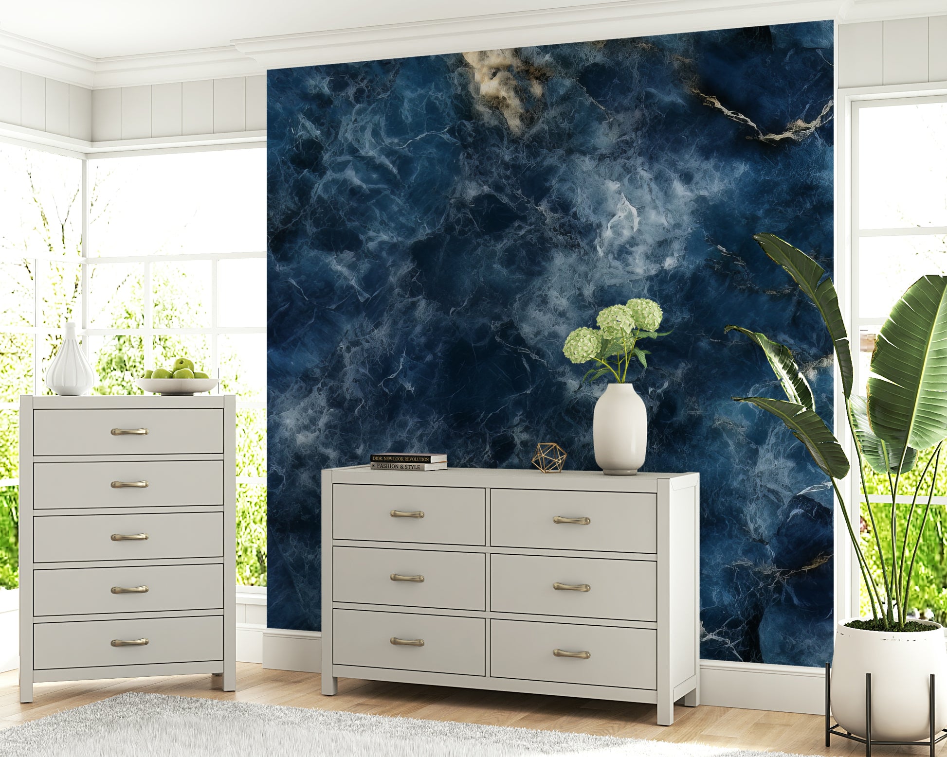 A beautiful abstract ocean wallpaper mural with fluid, deep azure and blue tones.