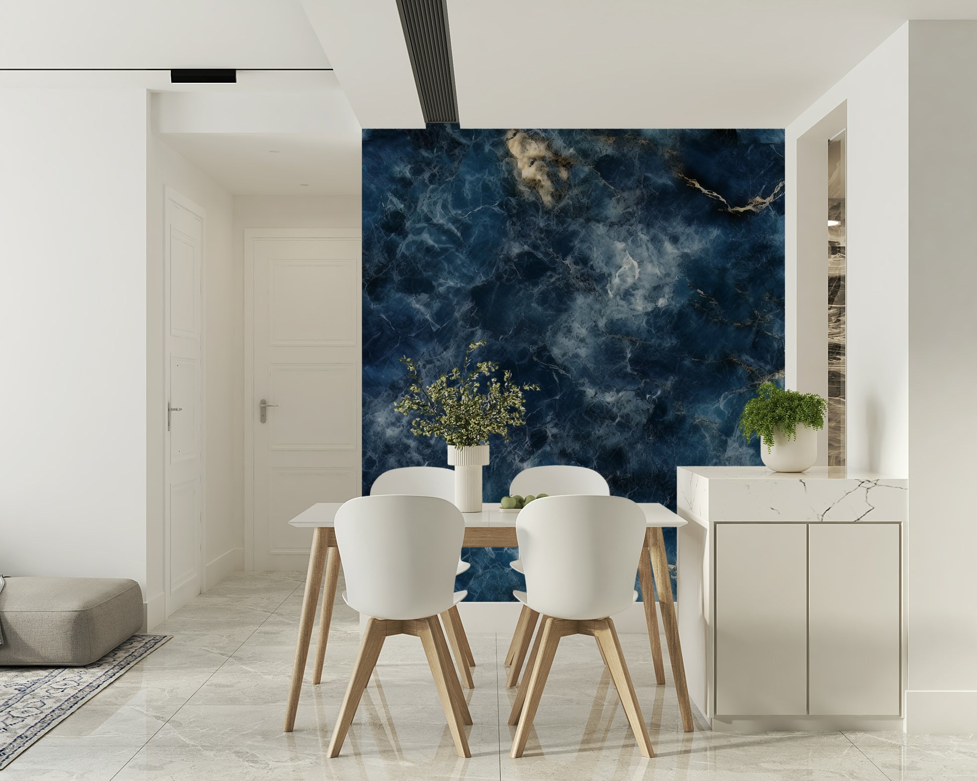 A peaceful modern abstract mural on decorative wallpaper.
