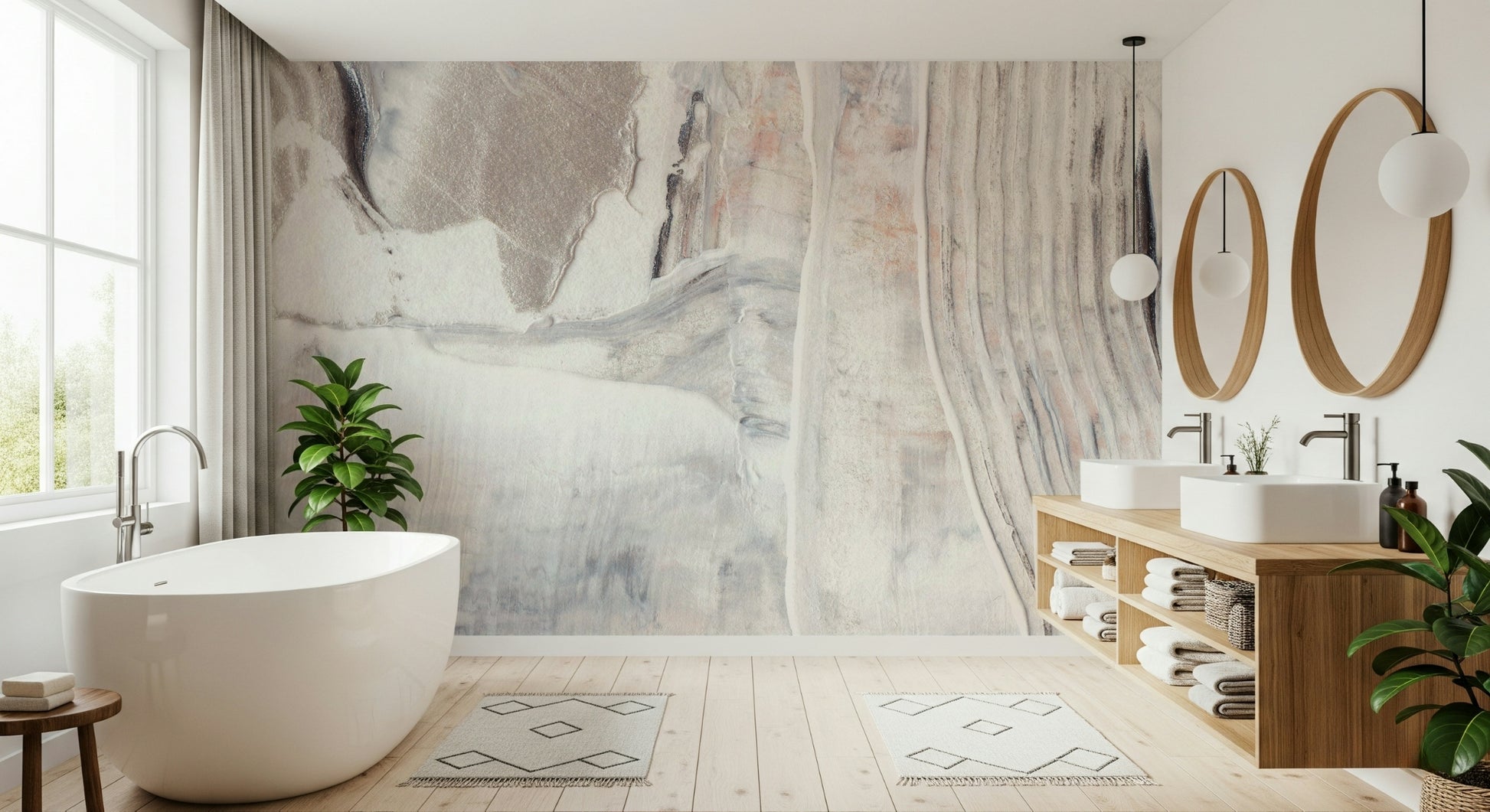 A calming abstract design wallpaper mural that defines a space.