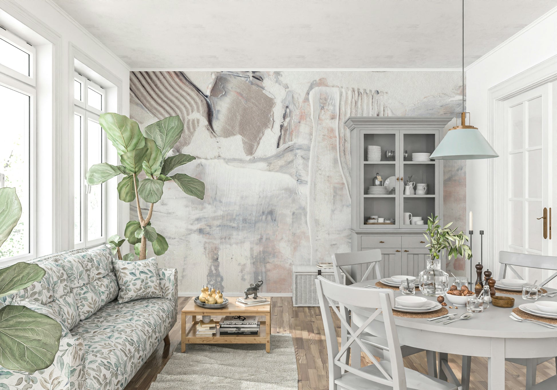A peaceful modern abstract mural on decorative wallpaper.