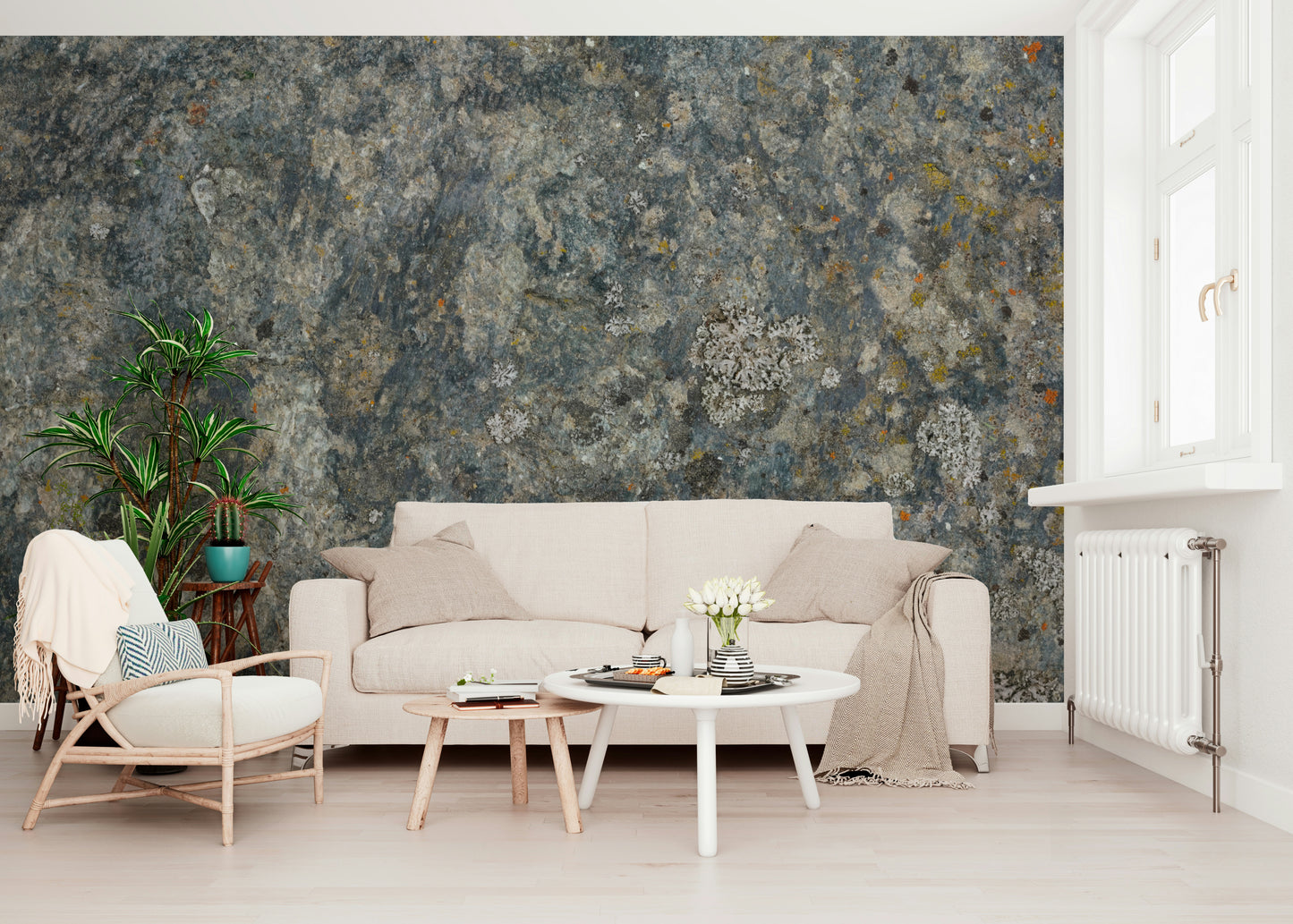A peaceful modern abstract mural on decorative wallpaper.
