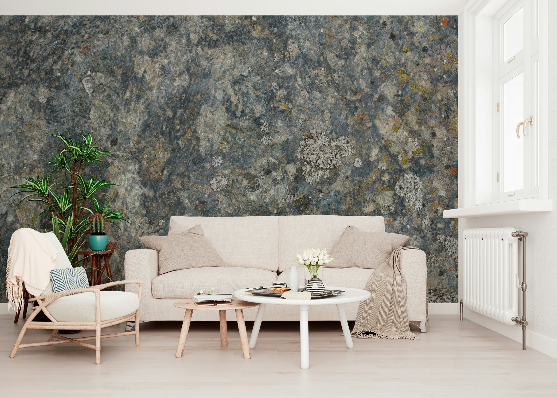 A peaceful modern abstract mural on decorative wallpaper.
