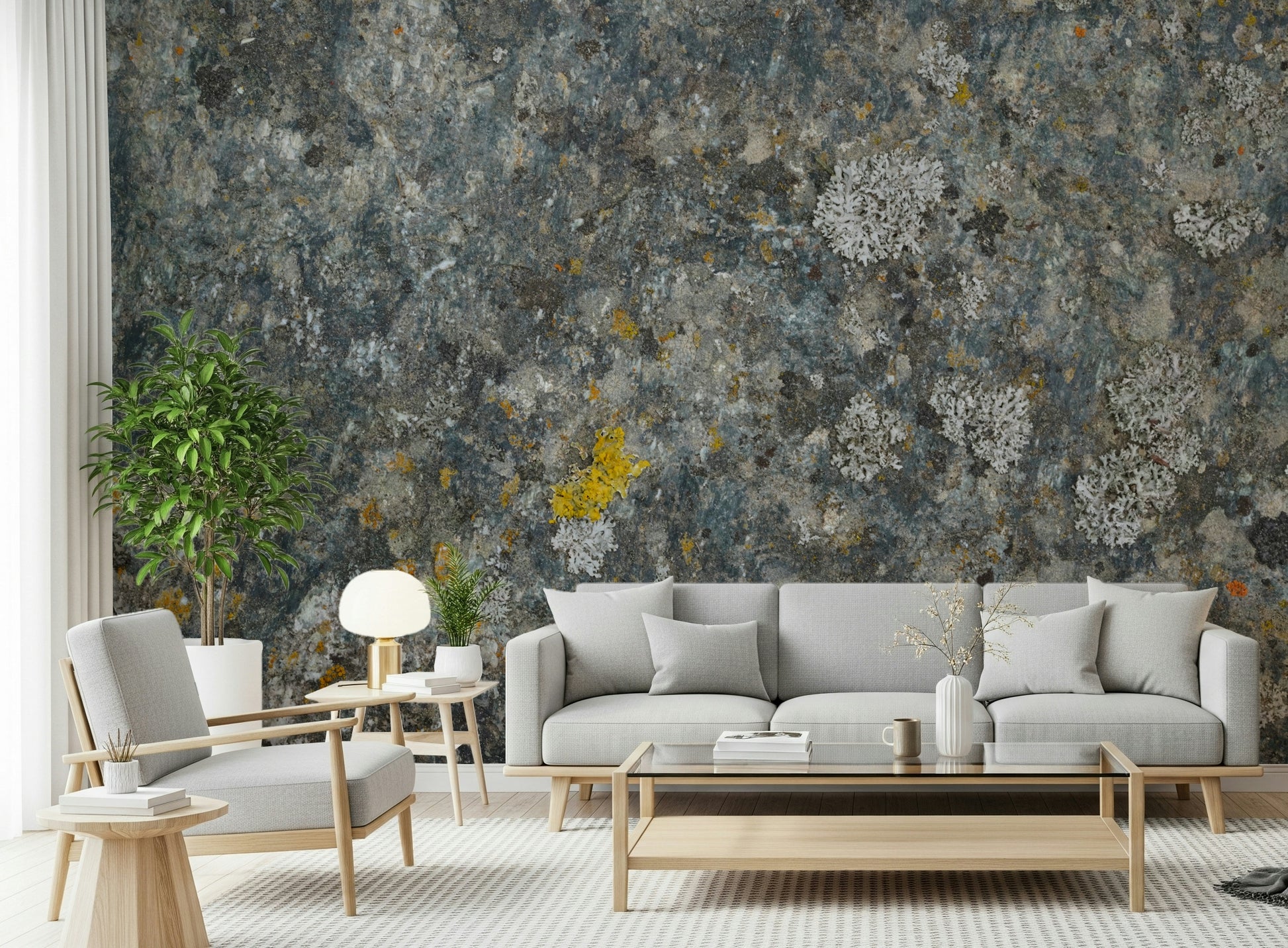 An artistic soft focus mural on minimalist wallpaper.