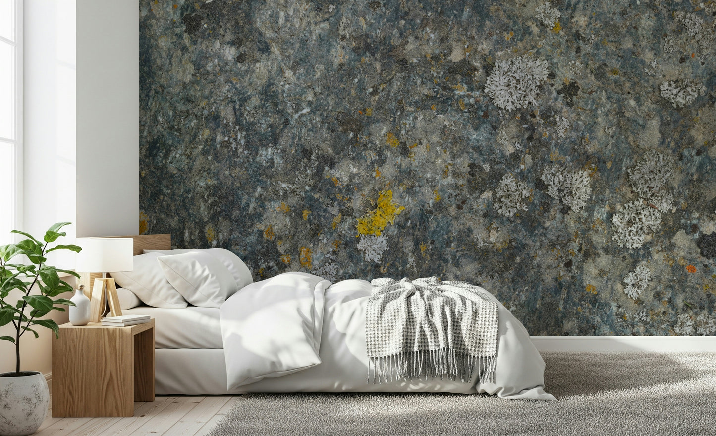 A peaceful modern abstract mural on decorative wallpaper.