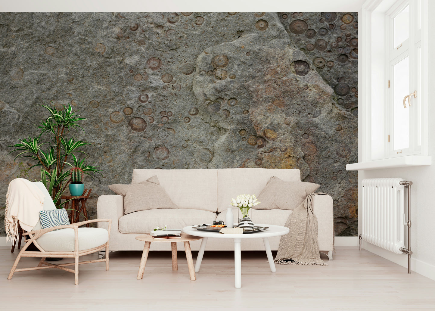 Sophisticated office with stone fossil texture mural.