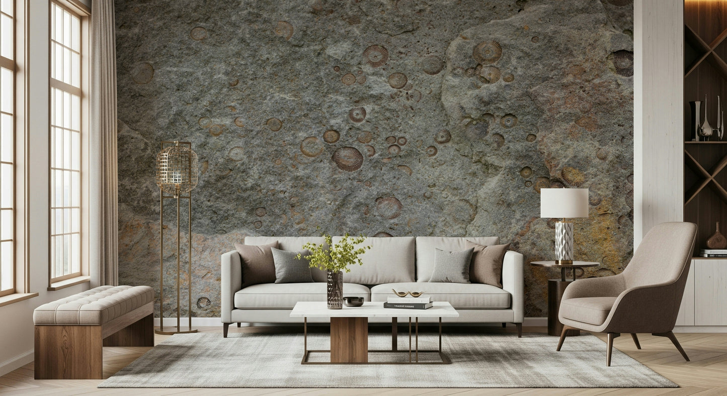 Stone fossil texture wall mural in a modern living room.