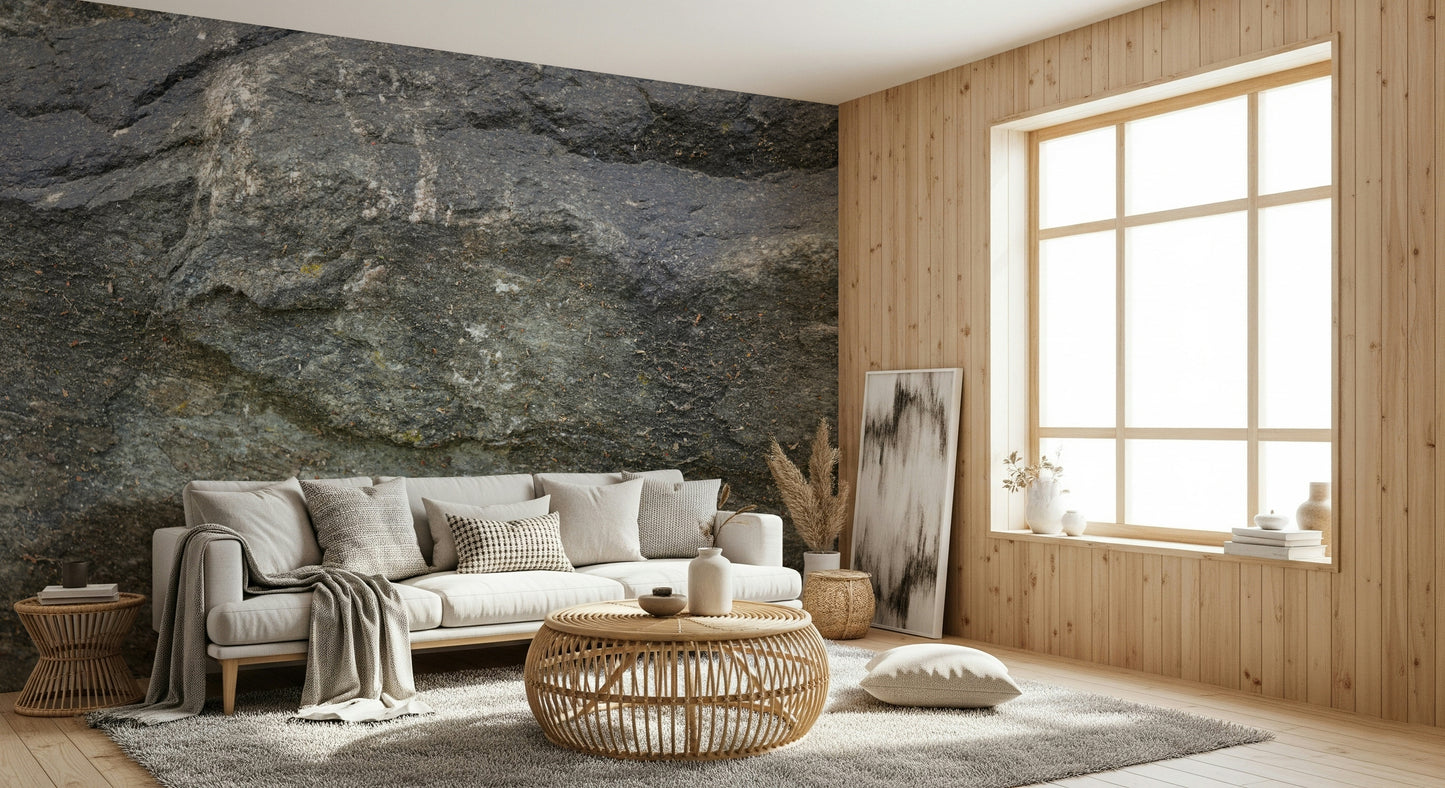 Contemporary sofa against the Aged Stone Surface wallpaper mural.