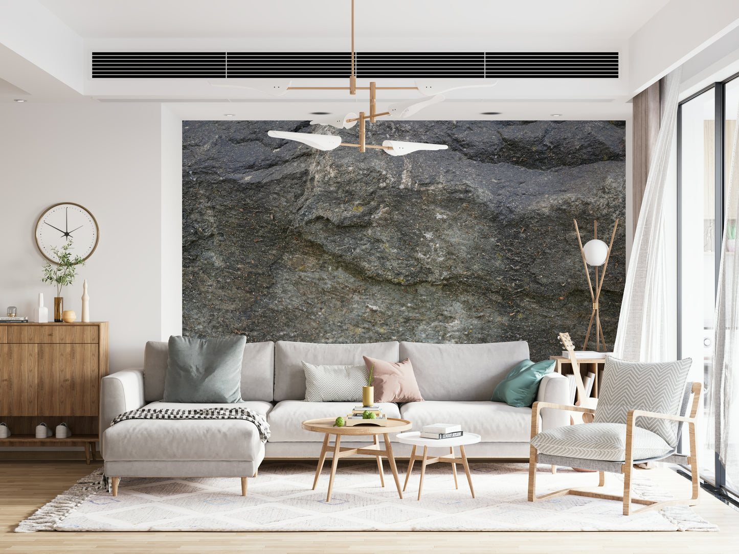 Bedroom headboard featuring Aged Stone Surface wallpaper for walls.