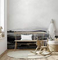 Atmospheric Grayscale Hills wallpaper mural in an office.