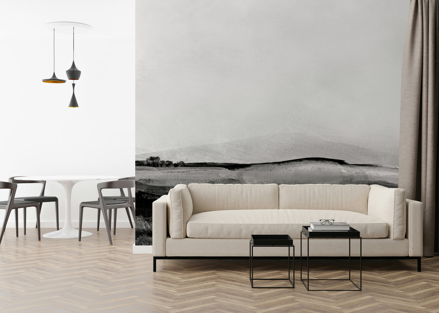 Monochrome Grayscale Hills mural behind a modern sofa.