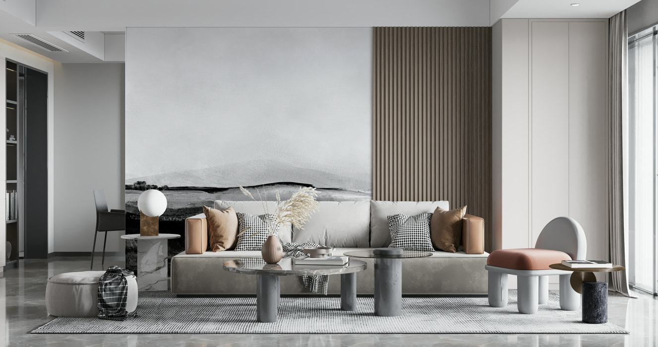 Grayscale Hills wall mural in a minimalist living room.