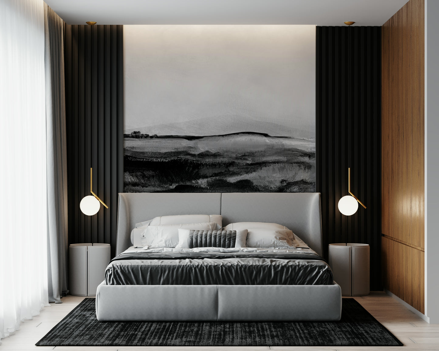 Bedroom accent wall with Grayscale Hills wallpaper.