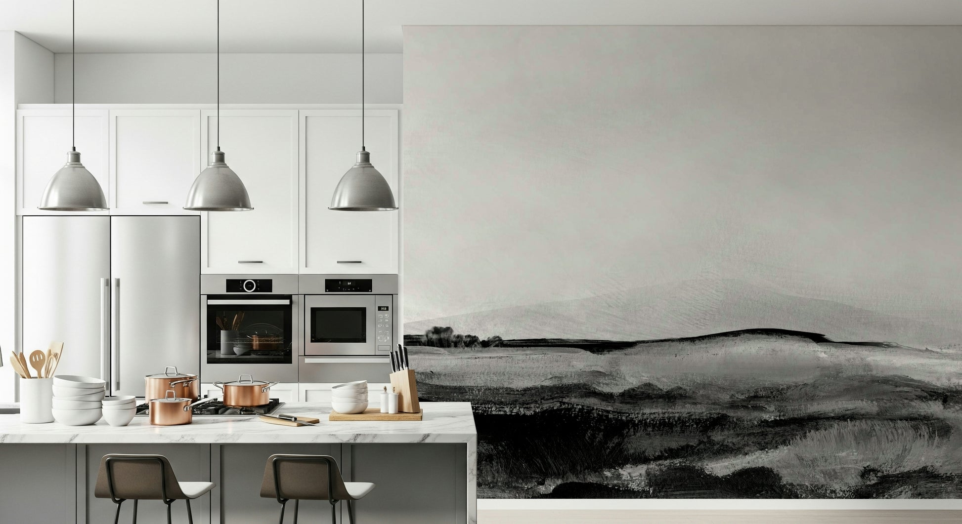 Sophisticated dining room with Grayscale Hills wall mural.