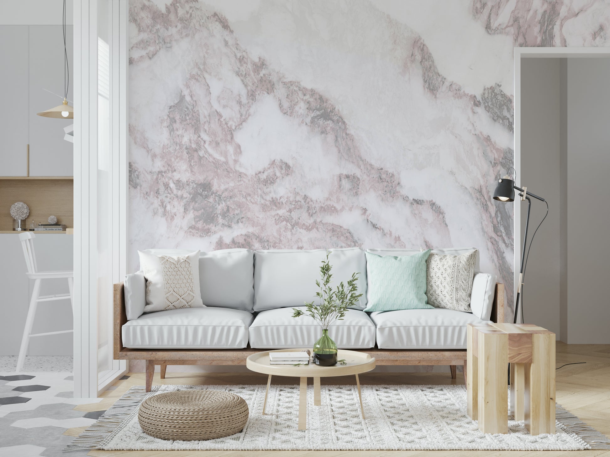 Applying the Blush Marble Elegance peel and stick wallpaper.