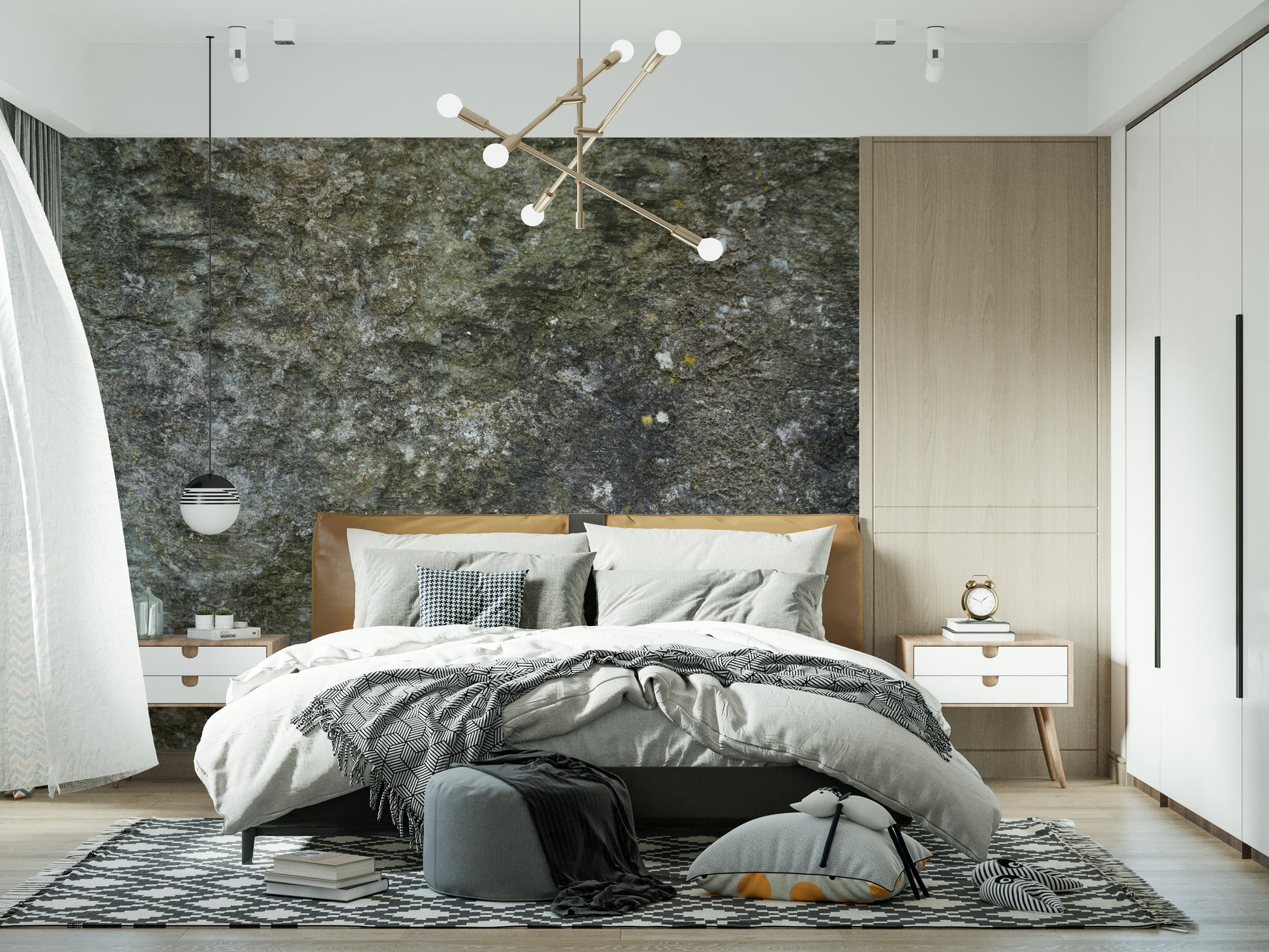Bedroom accent wall with Granite Grit stone wallpaper.