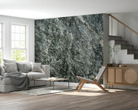 Natural stone finish wall mural in elegant living room.