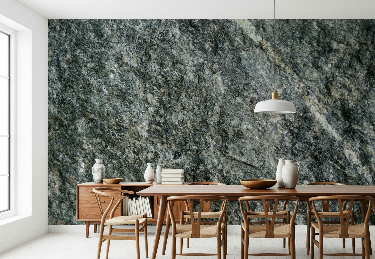 Sophisticated office with natural stone finish wall mural.