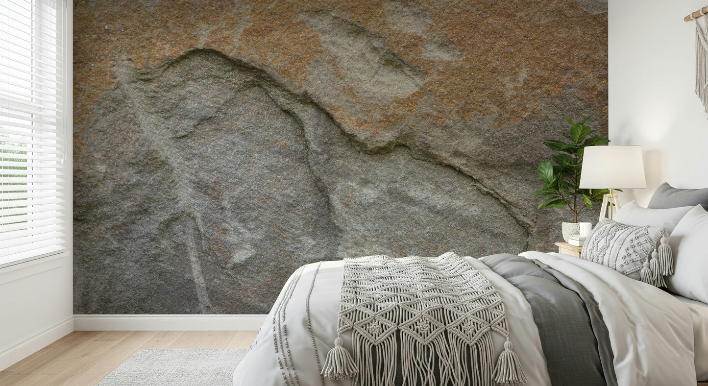 Eroded rock face mural in a minimalist entryway.