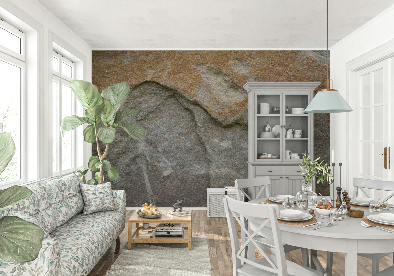 Eroded rock face wall mural in rustic living room.