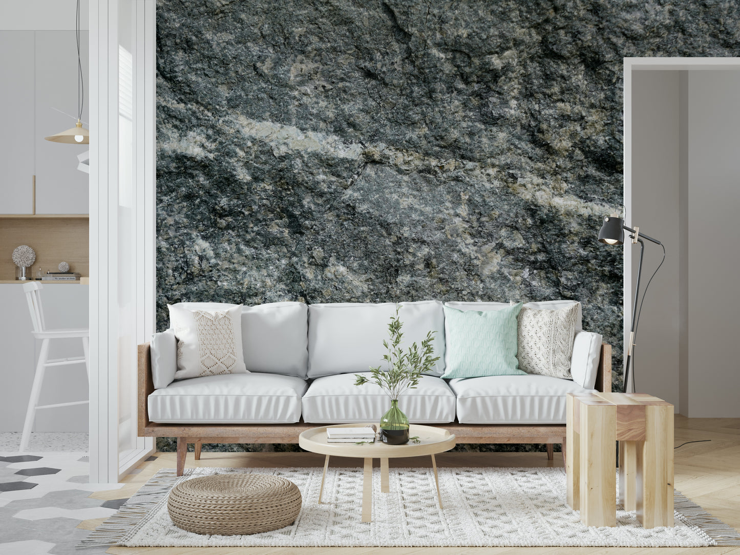 Granite grey wall mural in a modern living room.