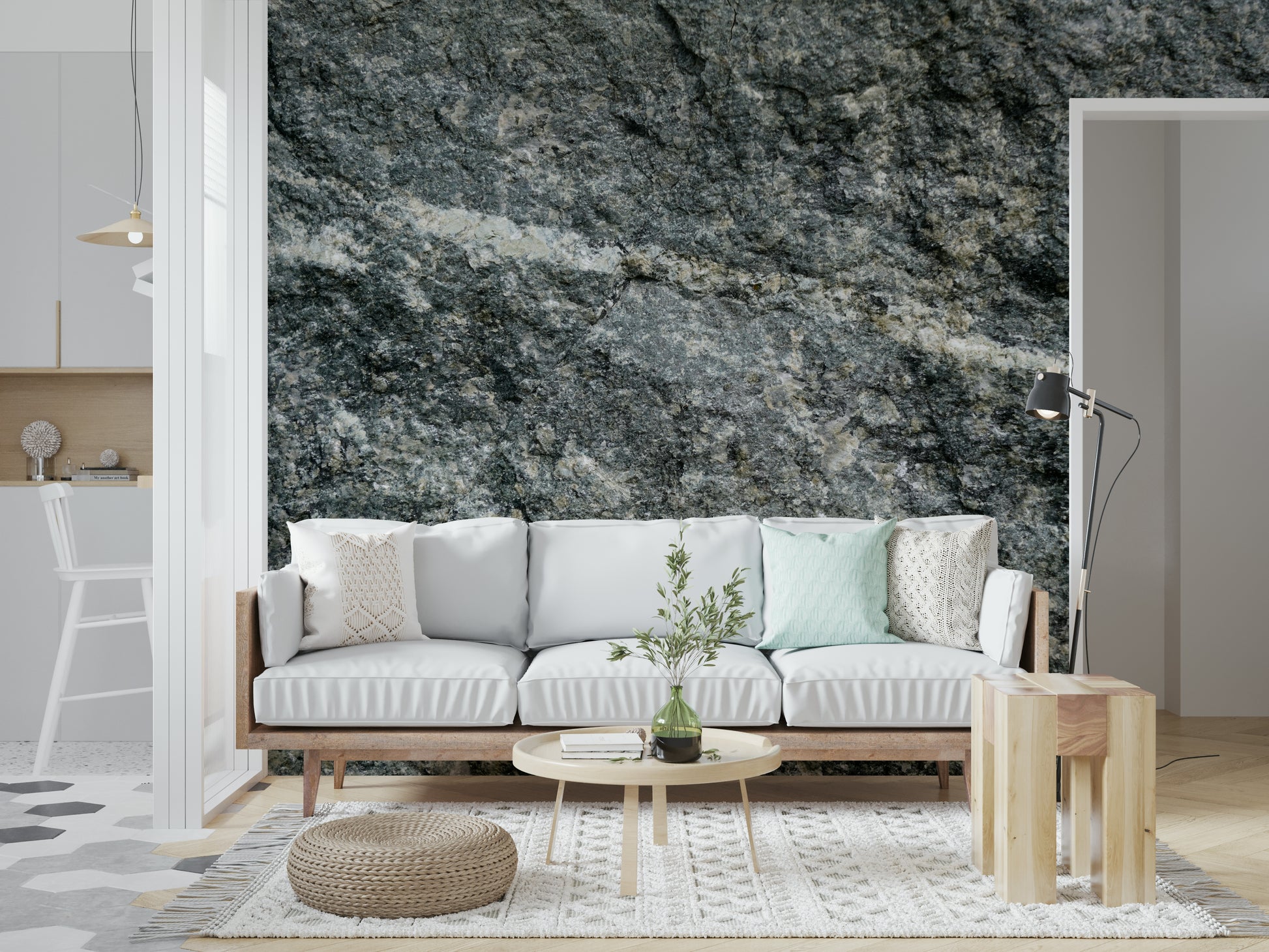 Granite grey wall mural in a modern living room.