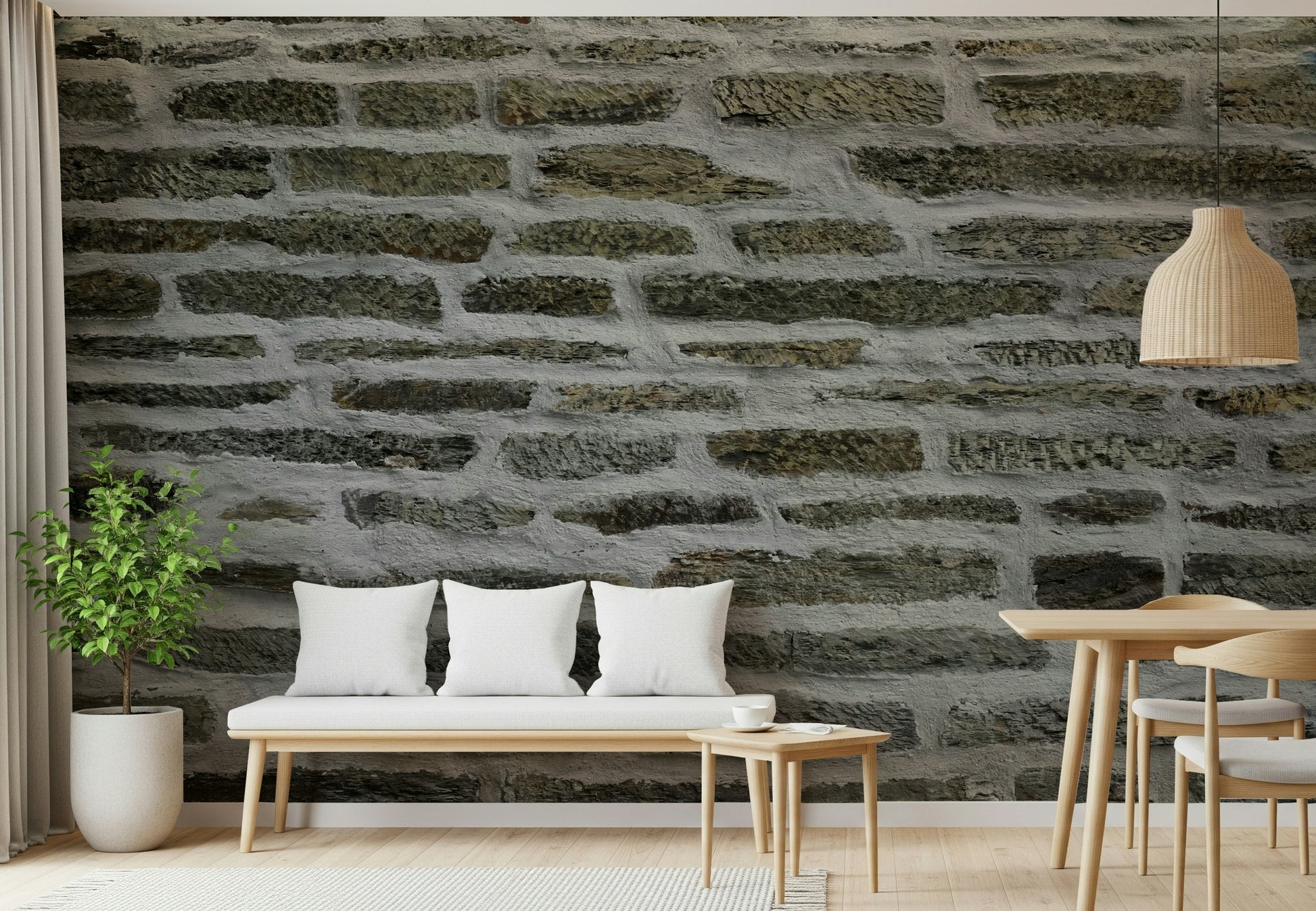Urban stone wall mural in a modern living room.