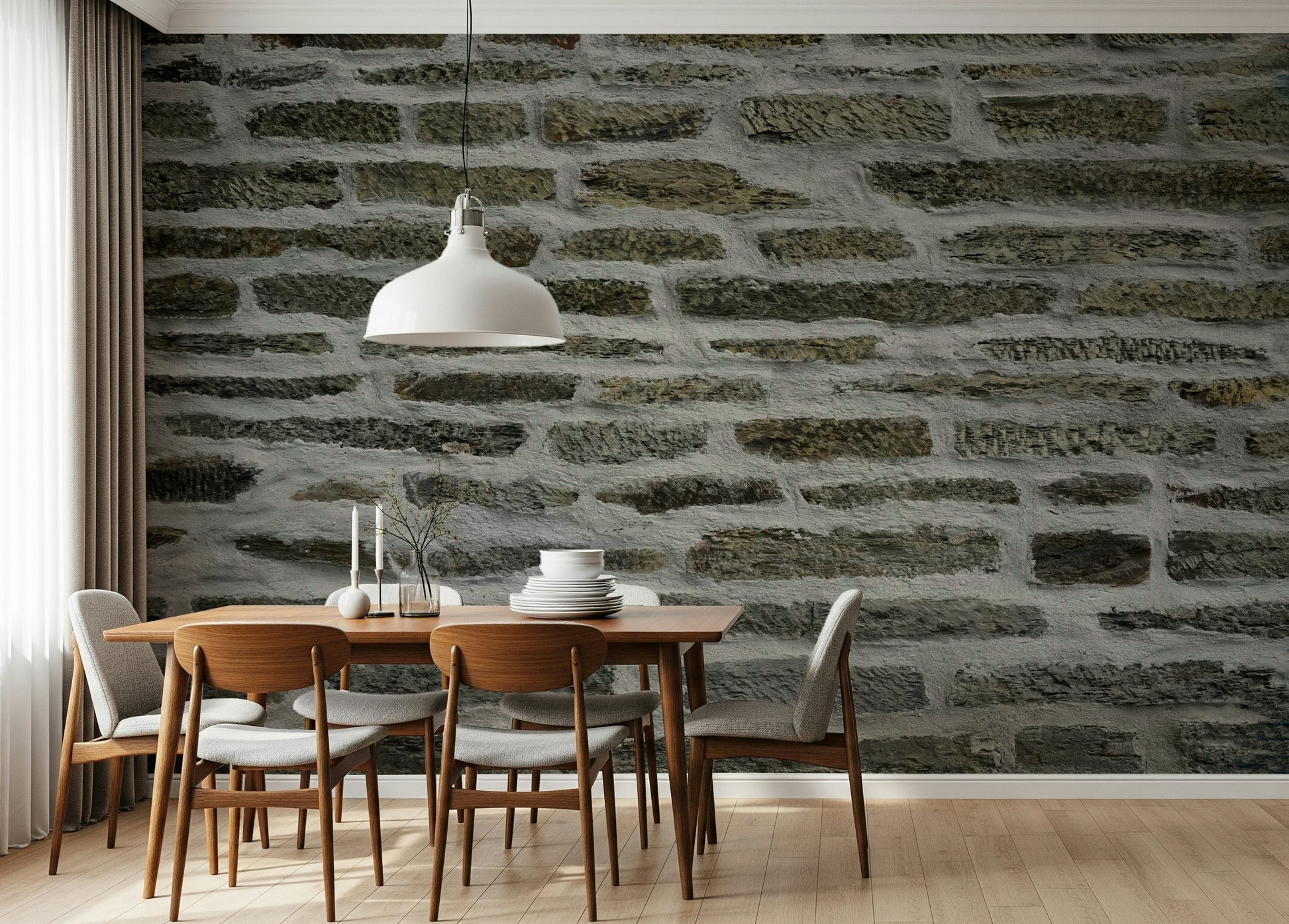 Urban stone wallpaper in a contemporary hallway.