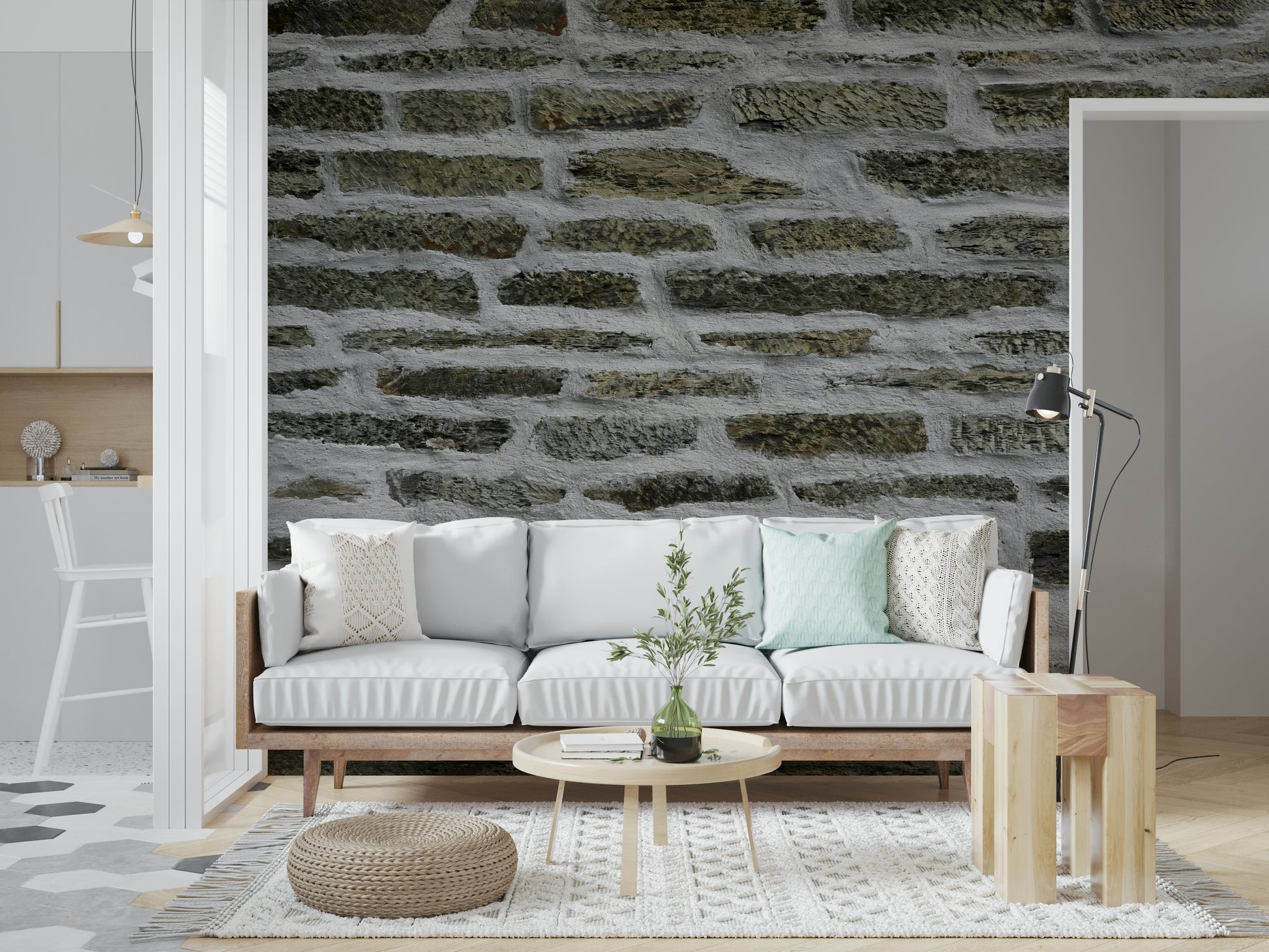 Detail shot of the gray urban stone mural.