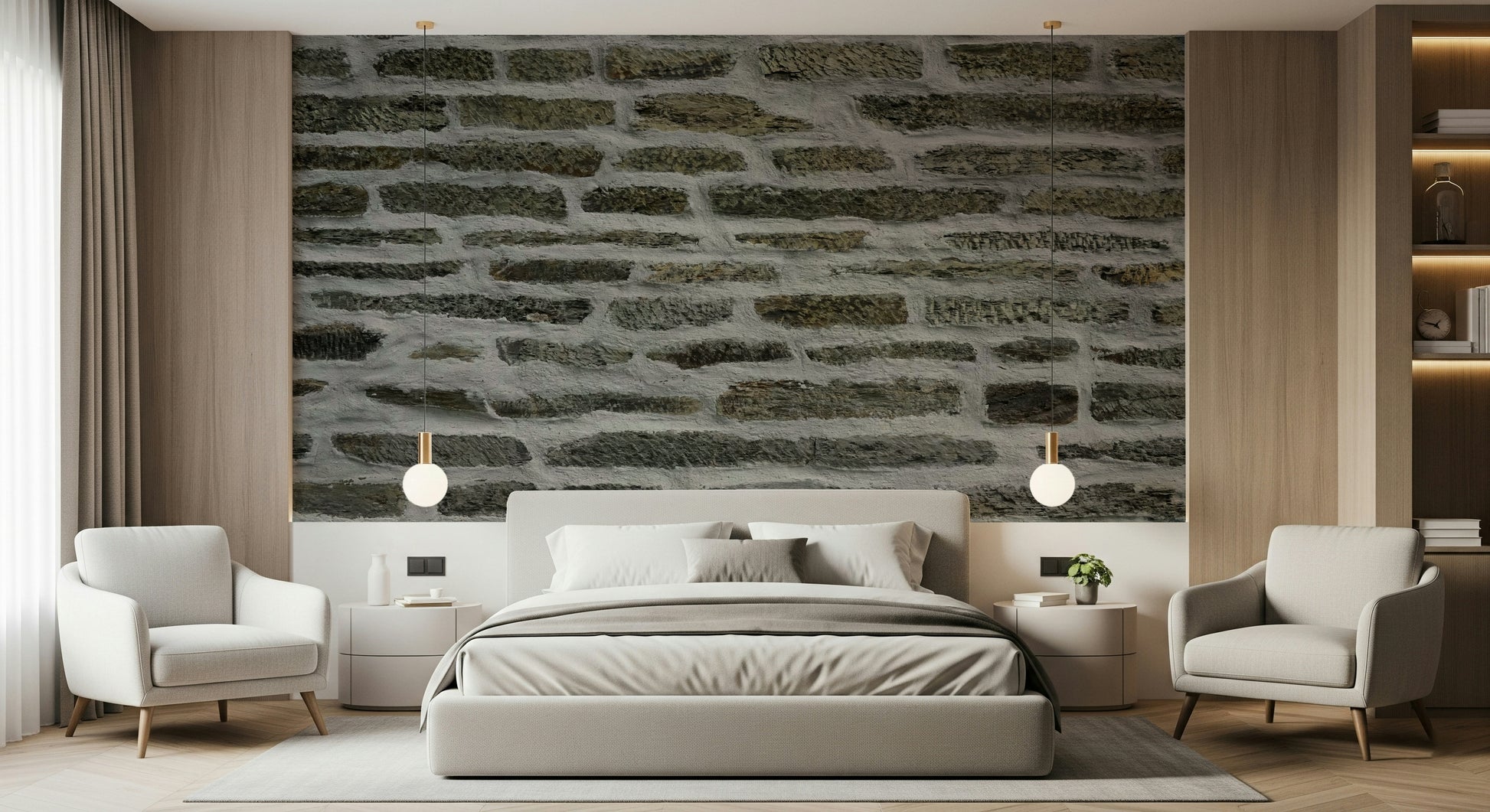 Urban stone wallpaper mural behind a sleek sofa.