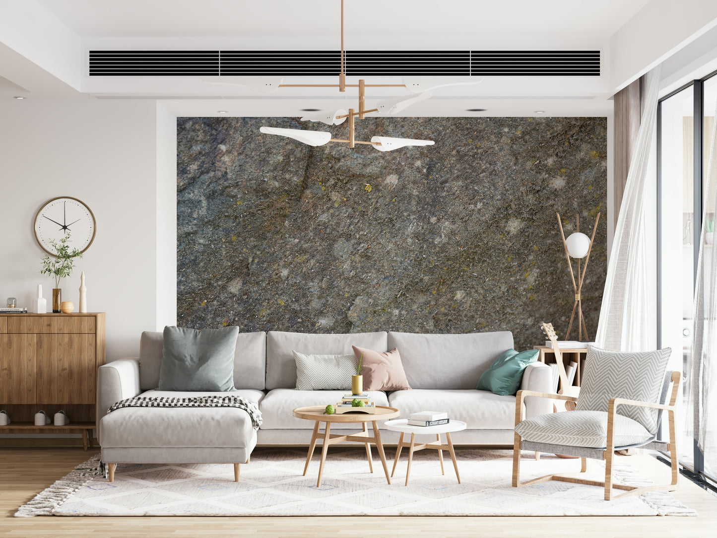 Textured rock surface mural in minimalist dining room.
