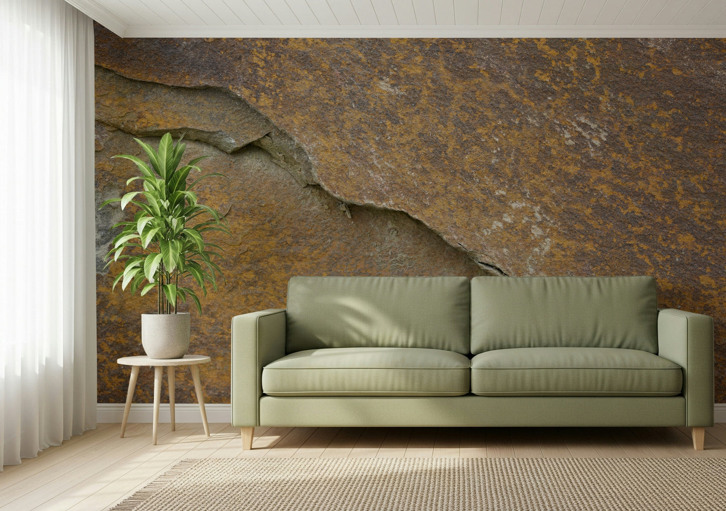 Cracked Stone wall mural in a modern living room.