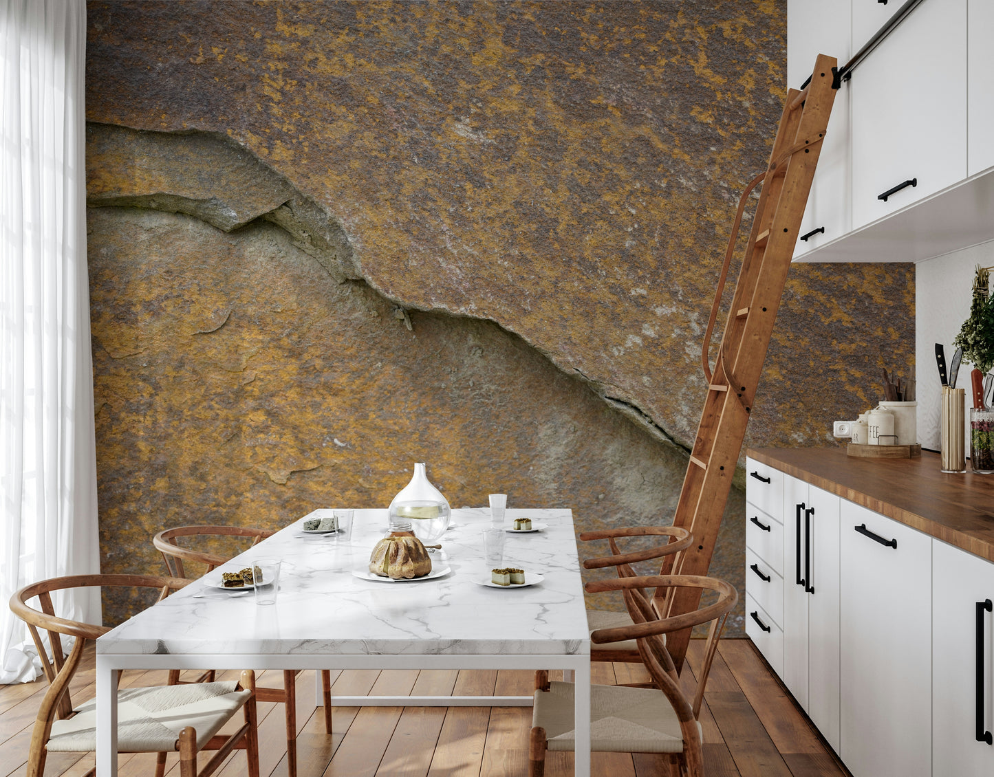 Sophisticated living space with a Cracked Stone wall mural.