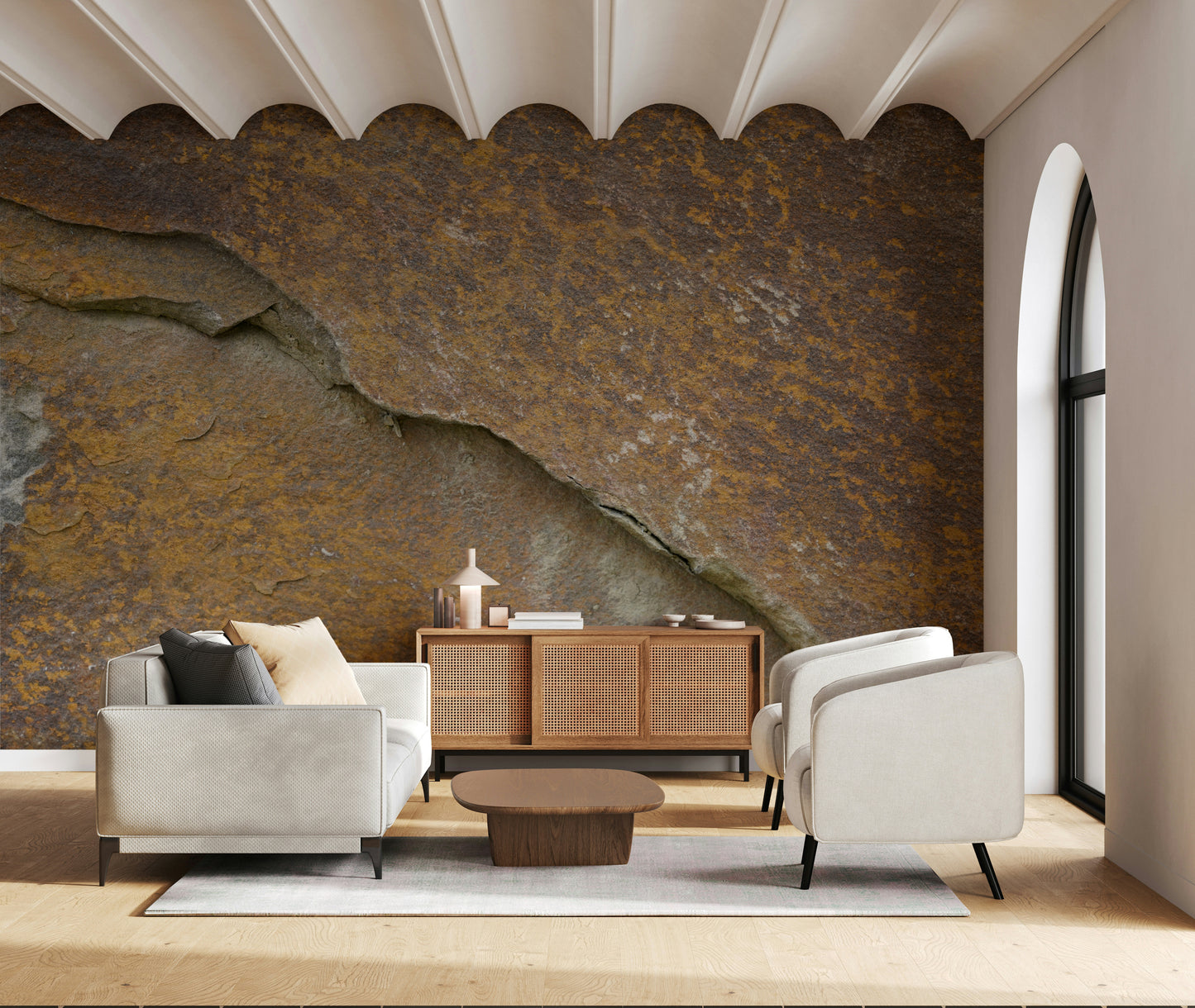 Cracked Stone wallpaper enhancing a rustic dining area.