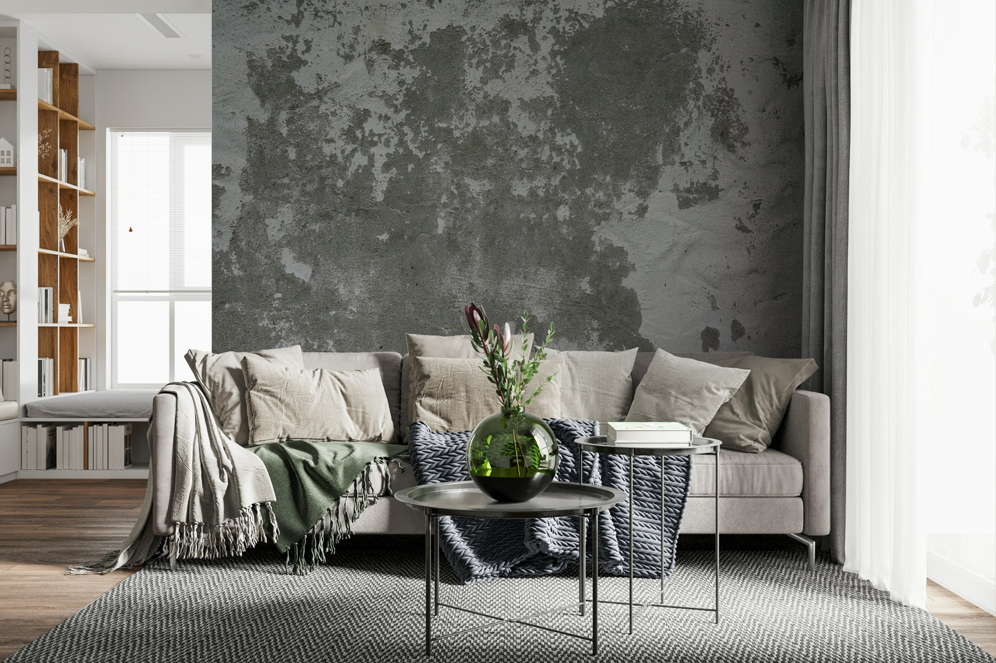 Distressed Wall mural creating a sophisticated, textured backdrop.