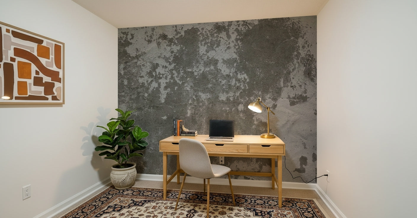 Rustic bedroom accent wall using Distressed Wall wallpaper.