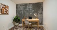 Rustic bedroom accent wall using Distressed Wall wallpaper.