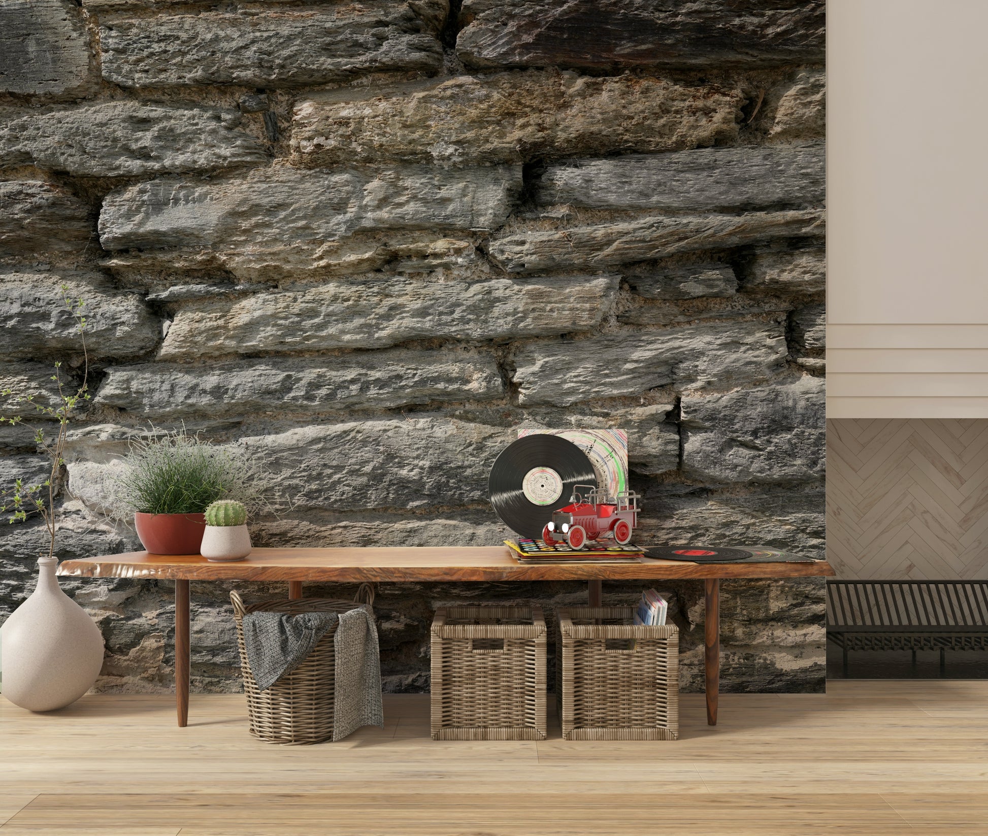 Rustic office space featuring gray stone wall mural.