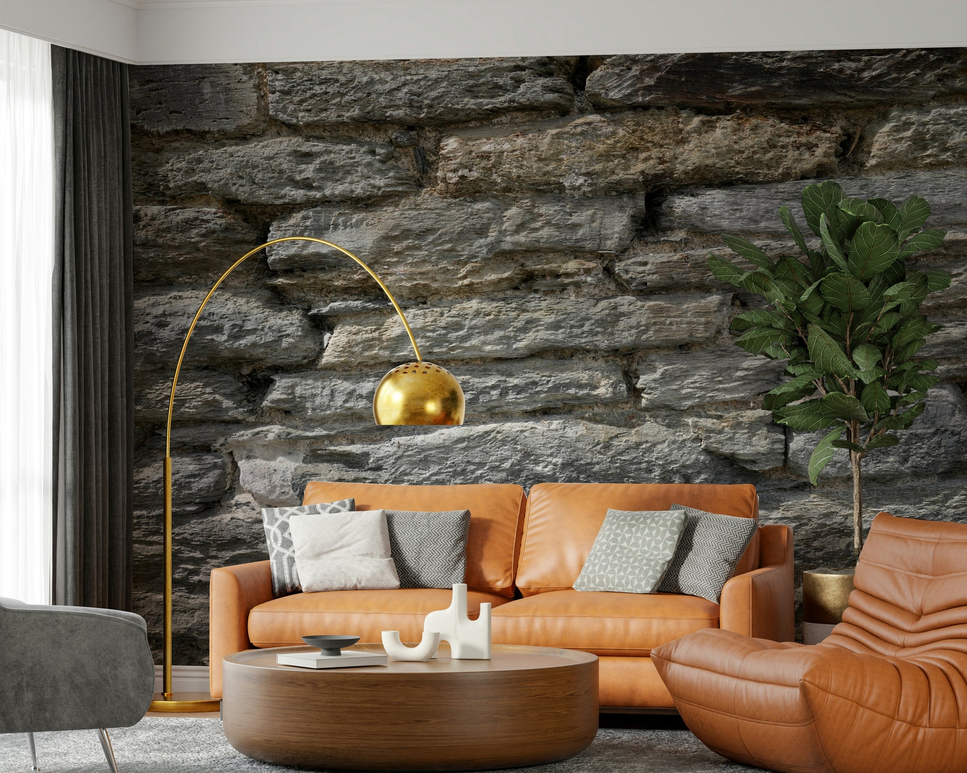 Gray stone wall texture mural in modern living room.
