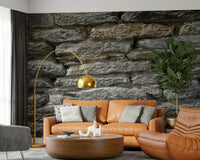 Gray stone wall texture mural in modern living room.