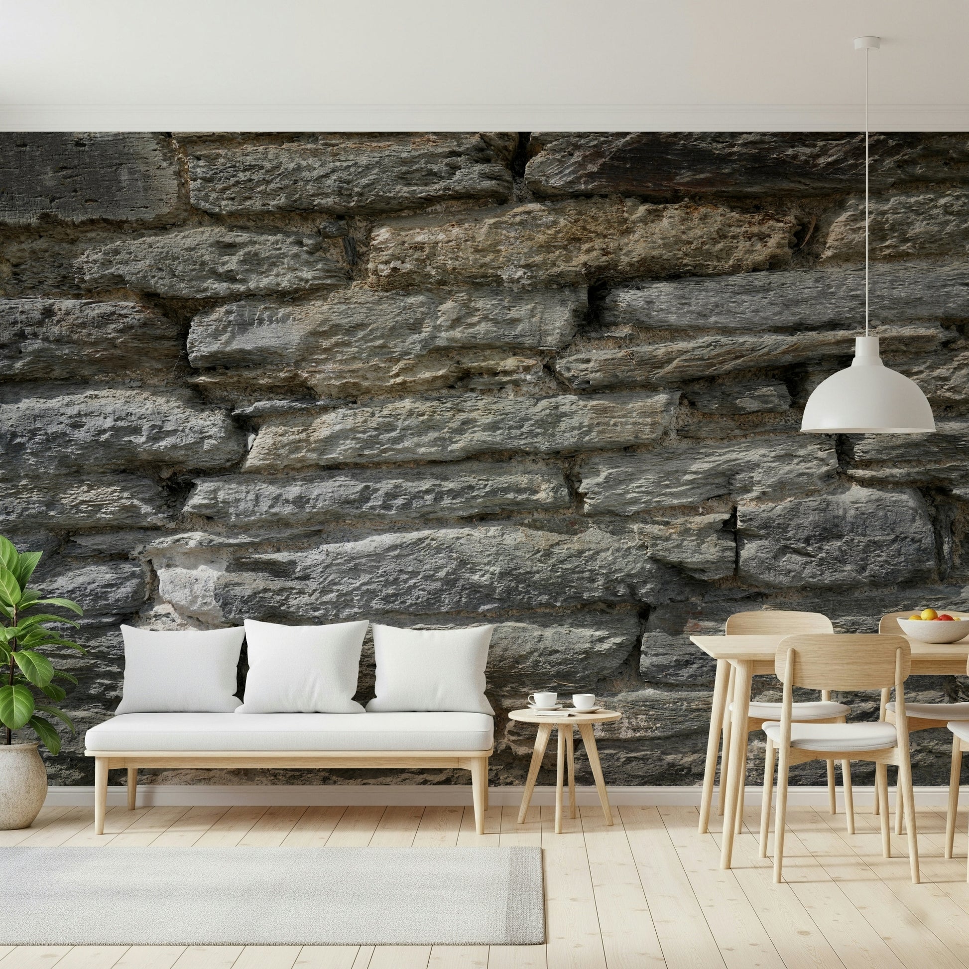 Gray stone texture mural in a minimalist entryway.