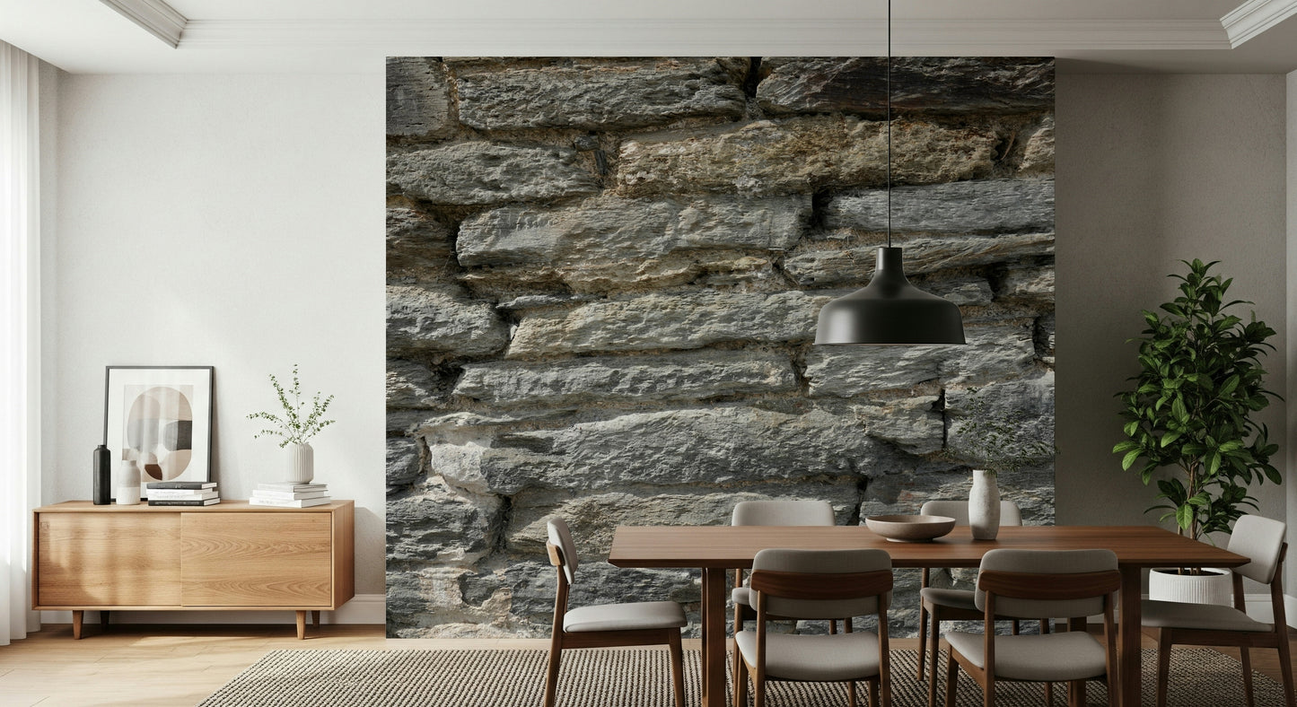 Gray stone wall mural behind a contemporary sofa.