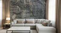 Rocky surface wallpaper mural behind a rustic sofa.